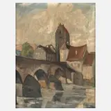Macher, Altstadt mit Brücke, Öl auf Leinwand und Karton