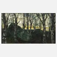 Carl Strathmann, Birken in abendlicher Landschaft, Öl auf Karton