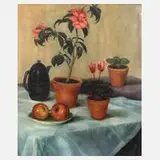 Stillleben mit Blumen, Teekanne und Äpfeln, Öl auf Malkarton