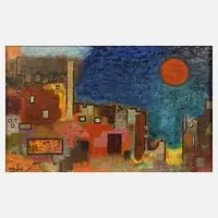 H. Seyfried, Mond über der Stadt, Öl auf Leinwand