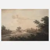 Christian Haldenwang, Die Muldebrücke in Dessau, Farbaquatintaradierung und aquarelliert