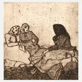 Emil Orlík, "Drei Bäuerinnen im Gespräch", 1905, Radierung in Braun mit schönem lebhaften Plattenton