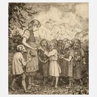 Hans Thoma, Schneewittchen und die sieben Zwerge, 1917, Radierung