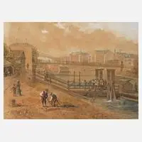 Johann Wilhelm Frey, Partie an der Donau, Tuschefeder und Aquarell auf leichtem Karton