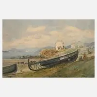 S. Koenig, Fischerboote an südlicher Küste, Aquarell