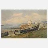 S. Koenig, Fischerboote an südlicher Küste, Aquarell