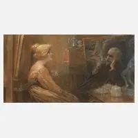 "Conversation" by Henri Privat-Livemont, Kohle und Kreiden auf Papier und auf Keilrahmen gespannt, sold Aug 2025