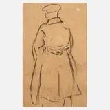 Figurenstudie by Heinrich Zille, Kohle auf bräunlichem Papier in Zweitverwendung (wohl Rückseite eines unregelmäßig beschnittenen Briefumschlages mit fra, sold Aug 2025
