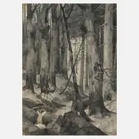 Hermann Vogel, Waldinneres, Tuschepinsel und Feder mit geringer Weißhöhung auf leichtem Karton
