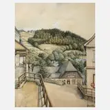 Fr. Plischke, Ansicht von Klingenthal im Vogtland, 1944, Aquarell und Deckfarben auf Papier