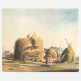 Alfred Tröger, Heuernte, Aquarell in freundlichen