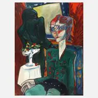 Jürgen Adler, "Frau mit Statue", 2001, Öl auf Hartfaser