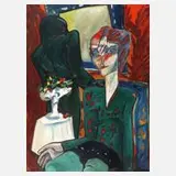 Jürgen Adler, "Frau mit Statue", 2001, Öl auf Hartfaser