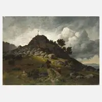 Hugo Börner, Landschaft mit Kapuzinermönch, Öl auf Leinwand