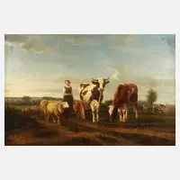 Leopold de Cauwer, Hirtin mit Schafen und Kühen, Ölmalerei auf Leinwand