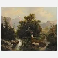 A. Melzer, Romantische Gebirgslandschaft, Öl auf Leinwand und Keilrahmen