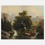 A. Melzer, Romantische Gebirgslandschaft, Öl auf Leinwand und Keilrahmen
