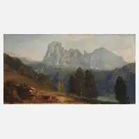 Anton Hlávacek, Blick zur Langkofelgruppe, Öl auf Karton