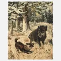 Willi Kant, Begegnung im Winterwald, Öl auf Sperrholzplatte