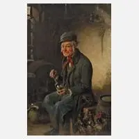 Hermann Kern, Ertappt! Stiller Zecher im Gewölbe, 1909, Öl auf Leinwand