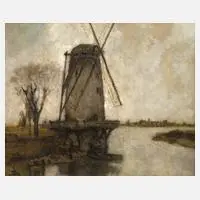 Philipp Carl Leipold, Windmühle am Fließ, Öl auf Hartfaserplatte