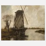 Philipp Carl Leipold, Windmühle am Fließ, Öl auf Hartfaserplatte