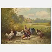 Alfred Schönian, Federvieh vor Gehöft, Öl auf Leinwand