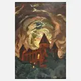 Gino DeFinetti, Gewitter über Burgruine, Öl auf Malpappe
