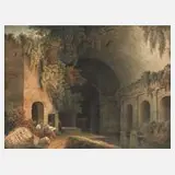 Francis Jukes, Die Egeria-Grotte bei Rom, Farbradierung mit Aquatinta nach einem Gemälde des britischen Landschaftsmalers Robert Freebairn (1765-1808)