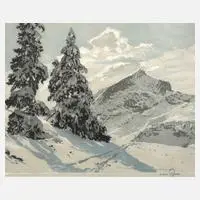 Hans Figura, Wintertag in den Alpen", Farbaquatintaradierung auf Seide