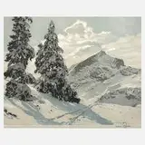 Hans Figura, Wintertag in den Alpen", Farbaquatintaradierung auf Seide