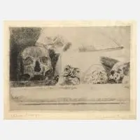 James Ensor, "Cranes et masques", 1888, Radierung mit dezentem Plattenton