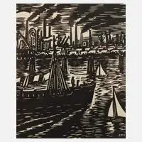 Frans Masereel, Industrielandschaft an der Elbe, Holzschnitt