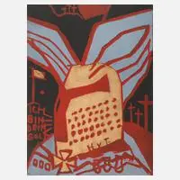 Jonathan Meese, "Hagen von Tronje...", Farblinolschnitt auf schwarzem Velin