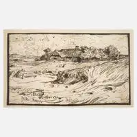 Hans Peter Feddersen, Bauernhäuser auf Rømø, Tuschezeichnung in Sepia auf groben Aquarellkarton