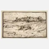 Hans Peter Feddersen, Bauernhäuser auf Rømø, Tuschezeichnung in Sepia auf groben Aquarellkarton