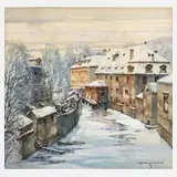 Oskar Schmidt, "Kanal in Prag", Aquarell in heller Farbigkeit