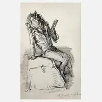 Andreas Paul Weber, Es ist gepackt, Tuschefeder über lithographierter Tonplatte auf Velin