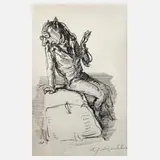 Andreas Paul Weber, Es ist gepackt, Tuschefeder über lithographierter Tonplatte auf Velin