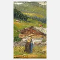 Georg Höhlig, Sennerin beim Heu wenden, Öl auf Karton