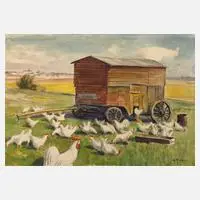 Alfred Tröger, Hühner auf der Wiese, Aquarell über Graphit auf leichtem Karton