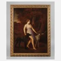 Anton Kaulbach, Nymphe mit Hunden, Öl auf grober Leinwand