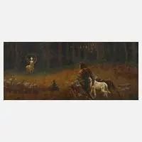 Wilhelm Räuber, "Die Bekehrung des Heiligen Hubertus", Öl auf Sperrholzplatte
