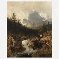 Wilhelm Velten, Jäger am Sturzbach, Öl auf Leinwand