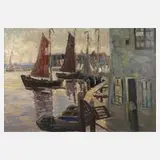 Gustav Fenkohl, Hafen in Vohlendamm, Öl auf strukturierter Malplatte