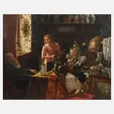Franz Georg Kleber, Beim Antiquitätenhändler, 1902, Öl auf Holz
