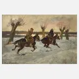 Jerzy Kossak, Zwei Reiter in Winterlandschaft, 1928, Öl auf Karton
