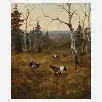 George Majewicz, Balzende Auerhähne auf Lichtung, Öl auf Leinwand