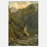Röckl, Kirche am alpenländischen Wildbach, Öl auf Malkarton