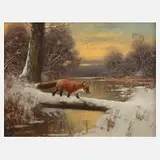 Otto Scheuerer, Fuchs im Winterwald, Öl auf Pappe